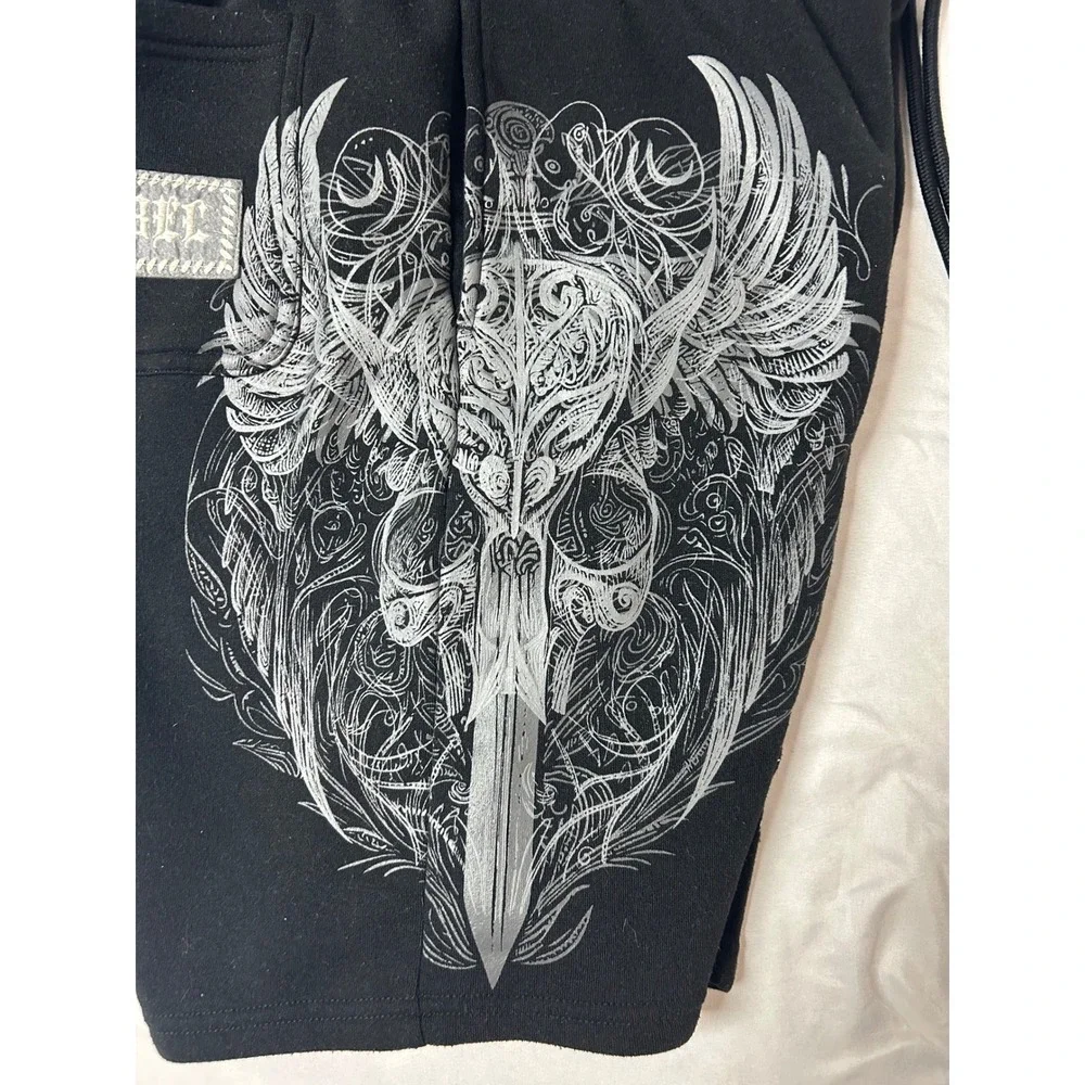 Rebel Vengeance Mens XL Black Graphic Wing Sword Sweat Shorts Streetwear Gothic - Picture 7 of 14